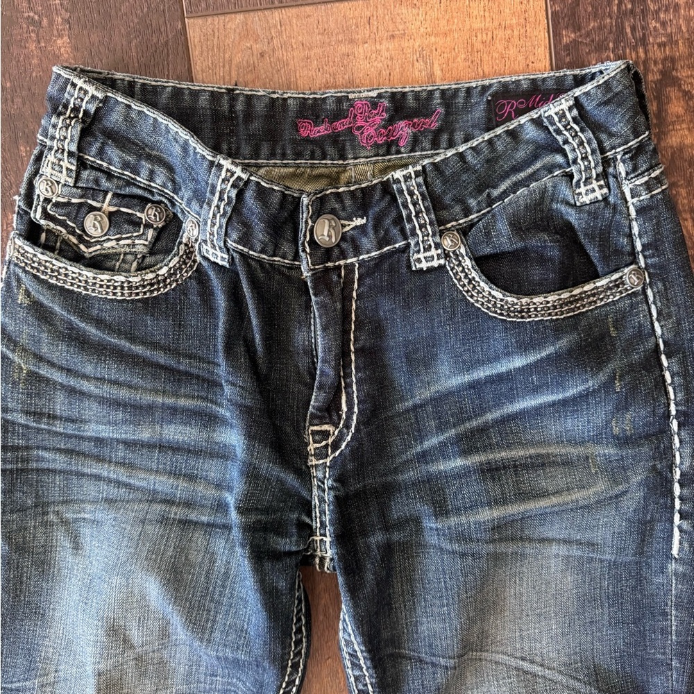 Rock & Roll Cowgirl Mid Rise Bootcut Jeans Studded Pockets 29x34 - Picture 4 of 6